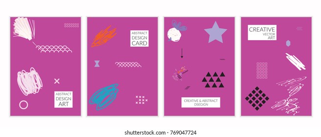 Set of artistic minimal universal card templates in Memphis style with abstract hand drawn doodles. Design for poster, card, invitation. Roughly drawn bright trendy textures. Vector isolated