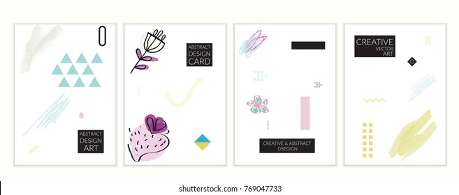 Set of artistic minimal universal card templates in Memphis style with abstract hand drawn doodles. Design for poster, card, invitation. Roughly drawn bright trendy textures. Vector isolated