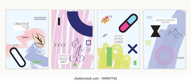 Set of artistic minimal universal card templates in Memphis style with abstract hand drawn doodles. Design for poster, card, invitation. Roughly drawn bright trendy textures. Vector isolated