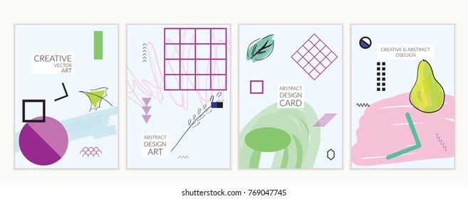 Set of artistic minimal universal card templates in Memphis style with abstract hand drawn doodles. Design for poster, card, invitation. Roughly drawn bright trendy textures. Vector isolated