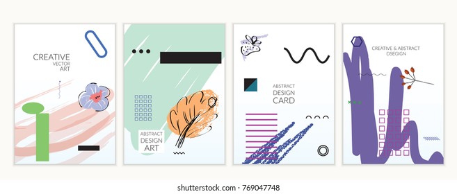 Set of artistic minimal universal card templates in Memphis style with abstract hand drawn doodles. Design for poster, card, invitation. Roughly drawn bright trendy textures. Vector isolated