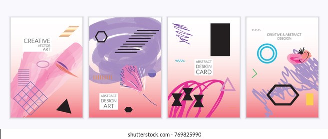 Set of artistic minimal universal card templates in Memphis style with abstract hand drawn doodles. Design for poster, card, invitation. Roughly drawn bright trendy textures. Vector isolated