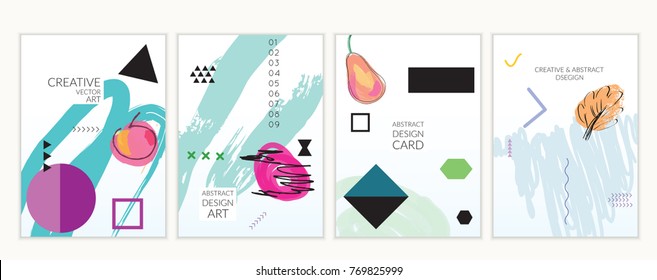 Set von künstlerischen minimalen universellen Kartenvorlagen im Memphis-Stil mit abstrakten handgezeichneten Doodles. Design für Poster, Karte, Einladung. Ungefähr gezeichnete, helle, trendige Texturen. Vektorillustration einzeln