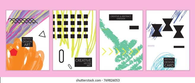 Set of artistic minimal universal card templates in Memphis style with abstract hand drawn doodles. Design for poster, card, invitation. Roughly drawn bright trendy textures. Vector isolated