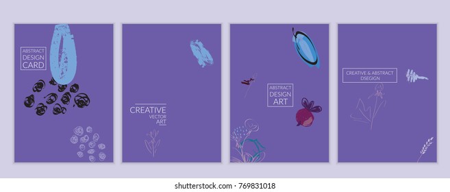 Set of artistic minimal universal card templates in Memphis style with abstract hand drawn doodles. Design for poster, card, invitation. Roughly drawn bright trendy textures. Vector isolated