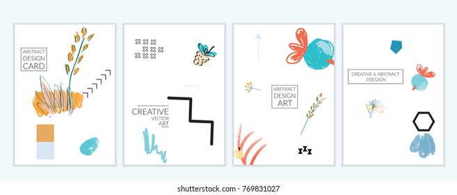 Set of artistic minimal universal card templates in Memphis style with abstract hand drawn doodles. Design for poster, card, invitation. Roughly drawn bright trendy textures. Vector isolated