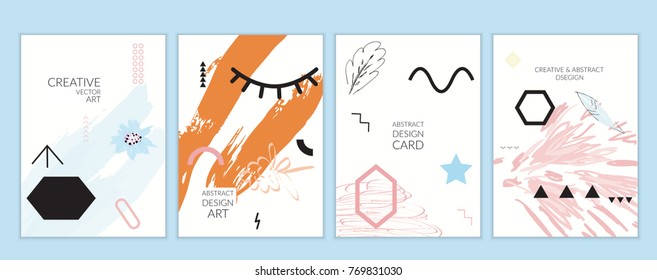 Set of artistic minimal universal card templates in Memphis style with abstract hand drawn doodles. Design for poster, card, invitation. Roughly drawn bright trendy textures. Vector isolated