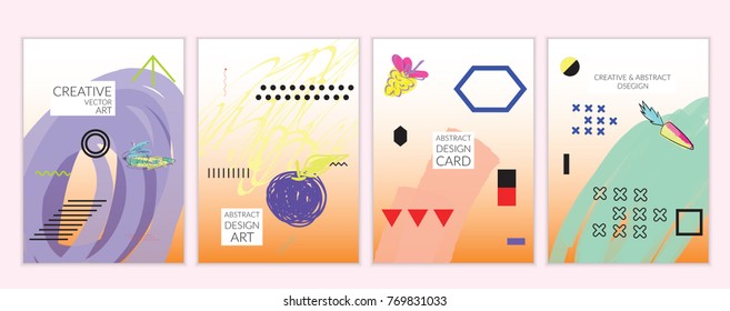 Set of artistic minimal universal card templates in Memphis style with abstract hand drawn doodles. Design for poster, card, invitation. Roughly drawn bright trendy textures. Vector isolated