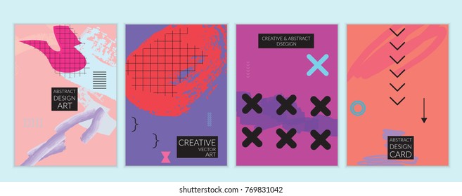 Set of artistic minimal universal card templates in Memphis style with abstract hand drawn doodles. Design for poster, card, invitation. Roughly drawn bright trendy textures. Vector isolated