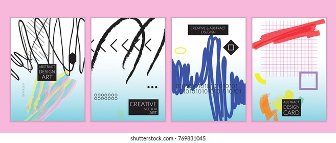 Set of artistic minimal universal card templates in Memphis style with abstract hand drawn doodles. Design for poster, card, invitation. Roughly drawn bright trendy textures. Vector isolated