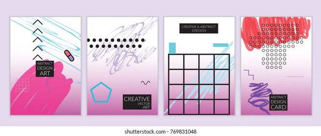 Set of artistic minimal universal card templates in Memphis style with abstract hand drawn doodles. Design for poster, card, invitation. Roughly drawn bright trendy textures. Vector isolated