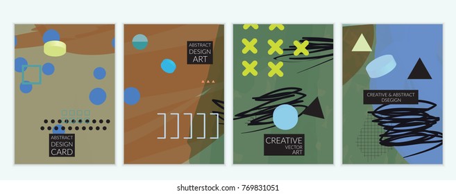 Set of artistic minimal universal card templates in Memphis style with abstract hand drawn doodles. Design for poster, card, invitation. Roughly drawn bright trendy textures. Vector isolated