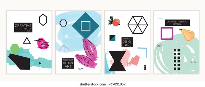 Set of artistic minimal universal card templates in Memphis style with abstract hand drawn doodles. Design for poster, card, invitation. Roughly drawn bright trendy textures. Vector isolated