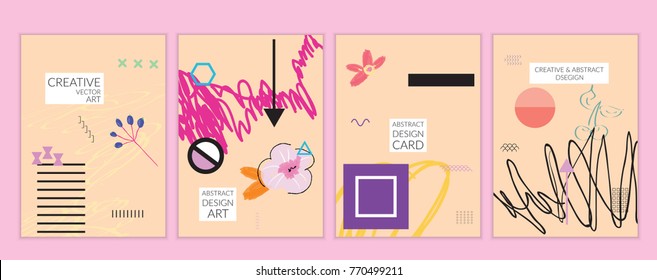 Set of artistic minimal universal card templates in Memphis style with abstract hand drawn doodles. Design for poster, card, invitation. Roughly drawn bright trendy textures. Vector isolated
