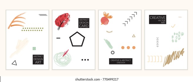Set of artistic minimal universal card templates in Memphis style with abstract hand drawn doodles. Design for poster, card, invitation. Roughly drawn bright trendy textures. Vector isolated