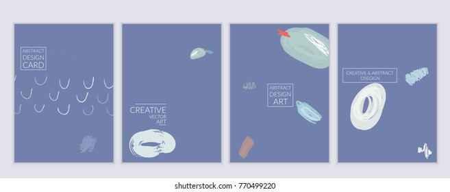 Set of artistic minimal universal card templates with abstract hand drawn doodles. Design for poster, card, invitation. Roughly drawn bright trendy textures. Minimal simple design.Vector isolated