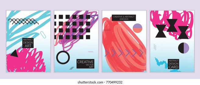Set of artistic minimal universal card templates in Memphis style with abstract hand drawn doodles. Design for poster, card, invitation. Roughly drawn bright trendy textures. Vector isolated