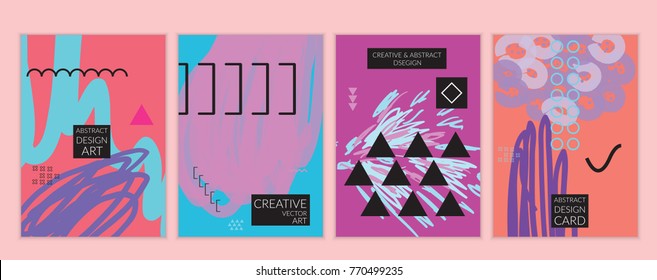 Set of artistic minimal universal card templates in Memphis style with abstract hand drawn doodles. Design for poster, card, invitation. Roughly drawn bright trendy textures. Vector isolated