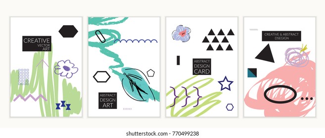 Set of artistic minimal universal card templates in Memphis style with abstract hand drawn doodles. Design for poster, card, invitation. Roughly drawn bright trendy textures. Vector isolated