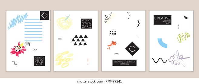 Set of artistic minimal universal card templates in Memphis style with abstract hand drawn doodles. Design for poster, card, invitation. Roughly drawn bright trendy textures. Vector isolated