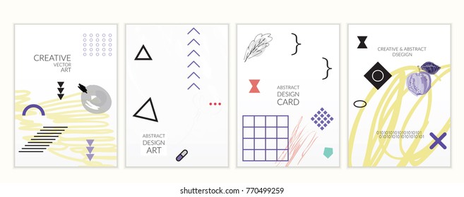 Set of artistic minimal universal card templates in Memphis style with abstract hand drawn doodles. Design for poster, card, invitation. Roughly drawn bright trendy textures. Vector isolated