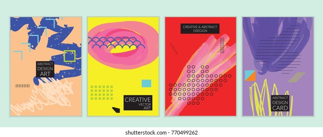 Set of artistic minimal universal card templates in Memphis style with abstract hand drawn doodles. Design for poster, card, invitation. Roughly drawn bright trendy textures. Vector isolated