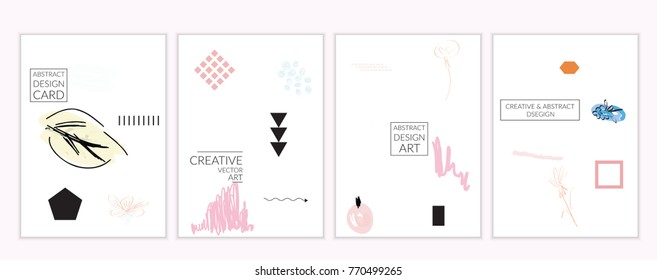 Set of artistic minimal universal card templates in Memphis style with abstract hand drawn doodles on white. Design for poster, card, invitation. Roughly drawn bright trendy textures. Vector isolated