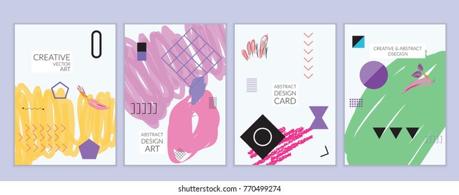 Set of artistic minimal universal card templates in Memphis style with abstract hand drawn doodles. Design for poster, card, invitation. Roughly drawn bright trendy textures. Vector isolated