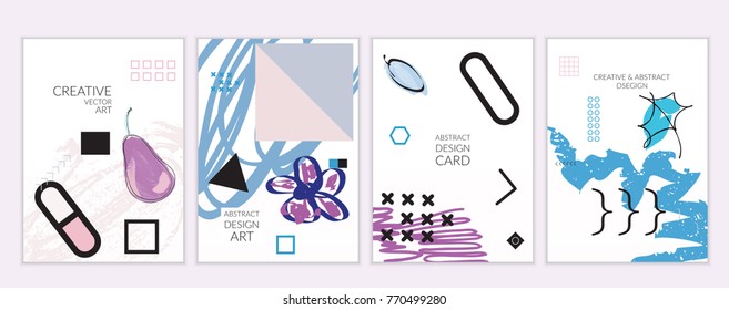 Conjunto de plantillas artísticas de tarjetas universales mínimas en estilo Memphis con doodles abstractos dibujados a mano. Diseño de póster, tarjeta, invitación. Texturas brillantes a la moda. Vector aislado