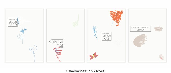 Set of artistic minimal universal card templates with abstract hand drawn doodles. Design for poster, card, invitation. Roughly drawn bright trendy textures. Minimal simple design.Vector isolated