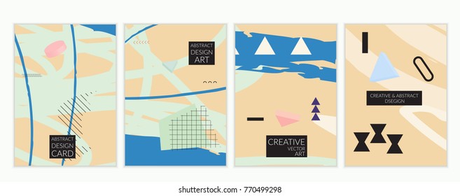 Set of artistic minimal universal card templates in Memphis style with abstract hand drawn doodles. Design for poster, card, invitation. Roughly drawn bright trendy textures. Vector isolated