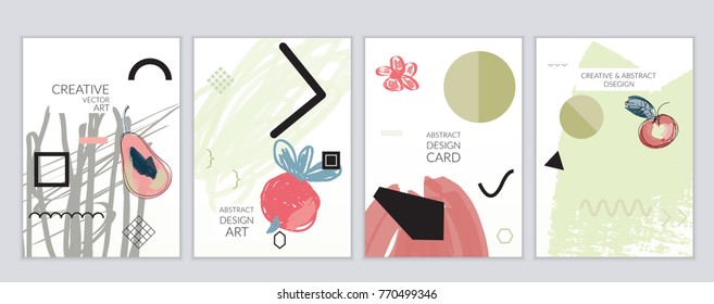 Set of artistic minimal universal card templates in Memphis style with abstract hand drawn doodles. Design for poster, card, invitation. Roughly drawn bright trendy textures. Vector isolated