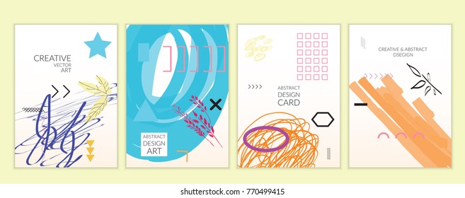 Set of artistic minimal universal card templates in Memphis style with abstract hand drawn doodles. Design for poster, card, invitation. Roughly drawn bright trendy textures. Vector isolated