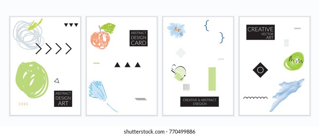 Set of artistic minimal universal card templates in Memphis style with abstract hand drawn doodles. Design for poster, card, invitation. Roughly drawn bright trendy textures. Vector isolated
