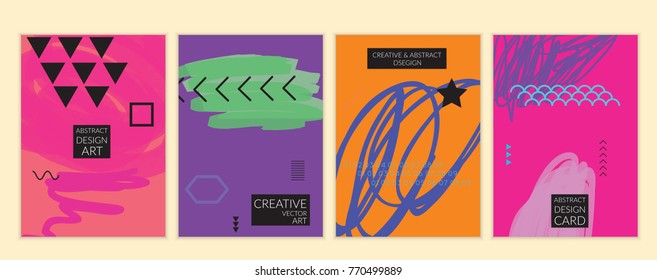 Conjunto de plantillas artísticas de tarjetas universales mínimas en estilo Memphis con doodles abstractos dibujados a mano. Diseño de póster, tarjeta, invitación. Texturas brillantes a la moda. Vector aislado