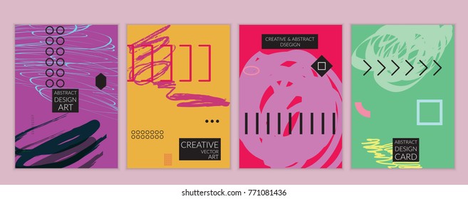 Set of artistic minimal universal card templates in Memphis style with abstract hand drawn doodles. Design for poster, card, invitation. Roughly drawn bright trendy textures. Vector isolated