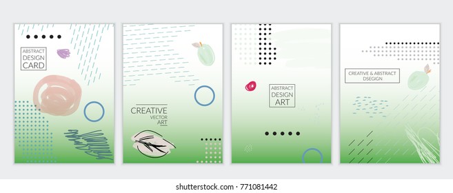 Set of artistic minimal universal card templates in Memphis style with abstract hand drawn doodles. Design for poster, card, invitation. Roughly drawn bright trendy textures. Vector isolated