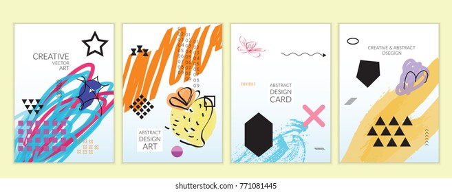 Set of artistic minimal universal card templates in Memphis style with abstract hand drawn doodles. Design for poster, card, invitation. Roughly drawn bright trendy textures. Vector isolated