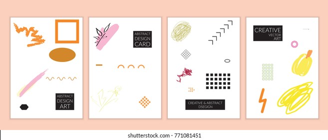 Set of artistic minimal universal card templates in Memphis style with abstract hand drawn doodles. Design for poster, card, invitation. Roughly drawn bright trendy textures. Vector isolated