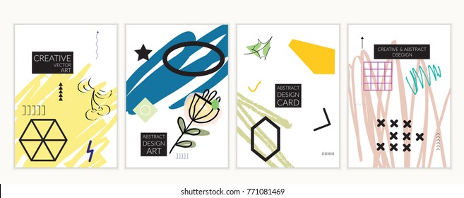 Set of artistic minimal universal card templates in Memphis style with abstract hand drawn doodles. Design for poster, card, invitation. Roughly drawn bright trendy textures. Vector isolated