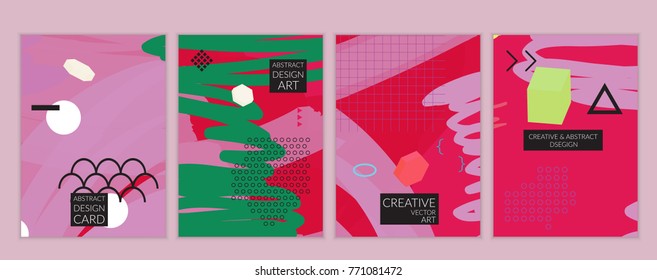 Set of artistic minimal universal card templates in Memphis style with abstract hand drawn doodles. Design for poster, card, invitation. Roughly drawn bright trendy textures. Vector isolated