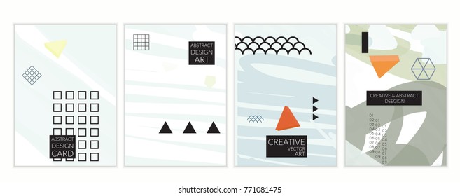 Set of artistic minimal universal card templates in Memphis style with abstract hand drawn doodles. Design for poster, card, invitation. Roughly drawn bright trendy textures. Vector isolated