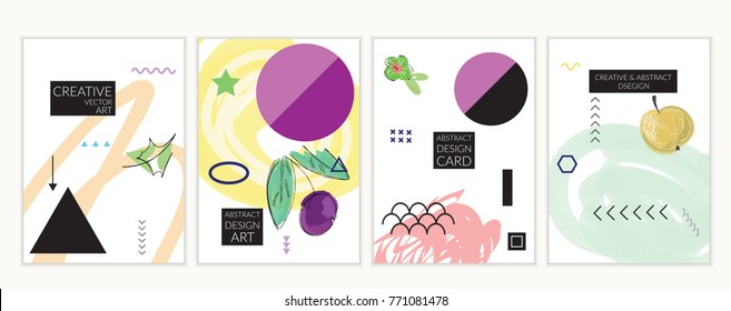 Set of artistic minimal universal card templates in Memphis style with abstract hand drawn doodles. Design for poster, card, invitation. Roughly drawn bright trendy textures. Vector isolated