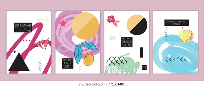 Set of artistic minimal universal card templates in Memphis style with abstract hand drawn doodles. Design for poster, card, invitation. Roughly drawn bright trendy textures. Vector isolated