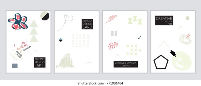 Set of artistic minimal universal card templates in Memphis style with abstract hand drawn doodles. Design for poster, card, invitation. Roughly drawn bright trendy textures. Vector isolated