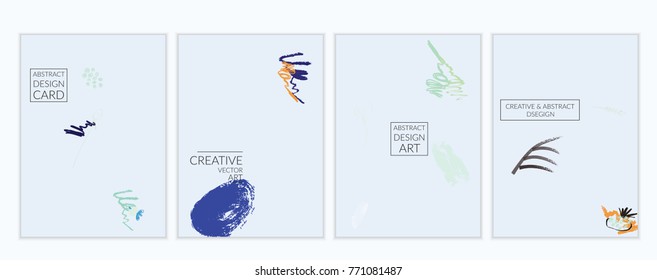 Set of artistic minimal universal card templates with abstract hand drawn doodles. Design for poster, card, invitation. Roughly drawn bright trendy textures. Minimal simple design.Vector isolated