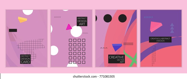 Set of artistic minimal universal card templates in Memphis style with abstract hand drawn doodles. Design for poster, card, invitation. Roughly drawn bright trendy textures. Vector isolated