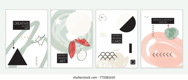 Set of artistic minimal universal card templates in Memphis style with abstract hand drawn doodles. Design for poster, card, invitation. Roughly drawn bright trendy textures. Vector isolated