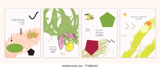 Set of artistic minimal universal card templates in Memphis style with abstract hand drawn doodles. Design for poster, card, invitation. Roughly drawn bright trendy textures. Vector isolated