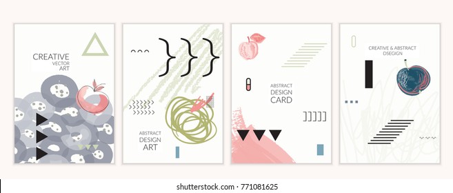 Set of artistic minimal universal card templates in Memphis style with abstract hand drawn doodles. Design for poster, card, invitation. Roughly drawn bright trendy textures. Vector isolated